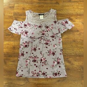 Joe Boxer Floral Cold Shoulder Top - Gray and Pink